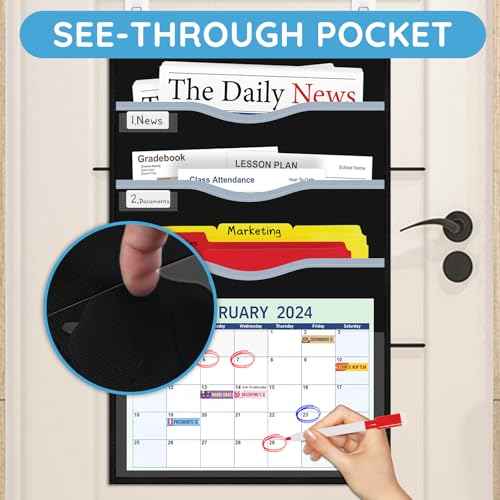 4 Pockets Hanging Wall File Organizer 15" Extra Wide Pocket Chart for Classroom, Office, Home, Mail Organizer Wall Mounted with 1 Writable Clear Pocket, 5 Wall/Door Hooks & 12 Labels (Black)