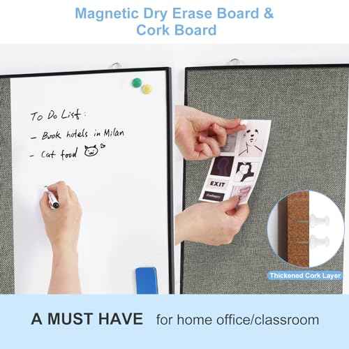 ARCOBIS Cork Board White Board Combo, 24"X18" Linen Bulletin Board Whiteboard for Wall, Double-Sided Magnetic Dry Erase Corkboard for Home, Office, School, Grey