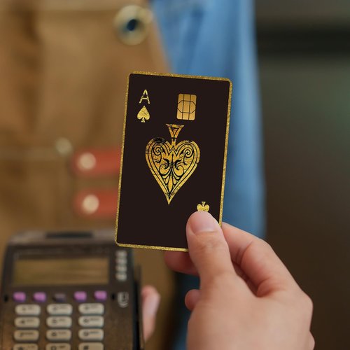 Aposwow Credit Card Skin Stickers - 4 Pcs Playing Cards Debit Card Skin Stickers, Black Gold Poker A K Q J Theme Removable Waterproof Decal Cover Set for DIY Key, Transportation Cards