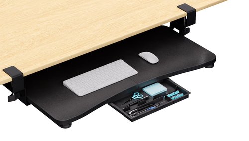 CALASK Desktop Keyboard Tray, Under Desk Pull Out,25.59" X 11.81" Large Size Radian Keyboard Tray with C-Clip Mount, Easy Installation, Computer Keyboard Stand, for Home Study and Office(Black)