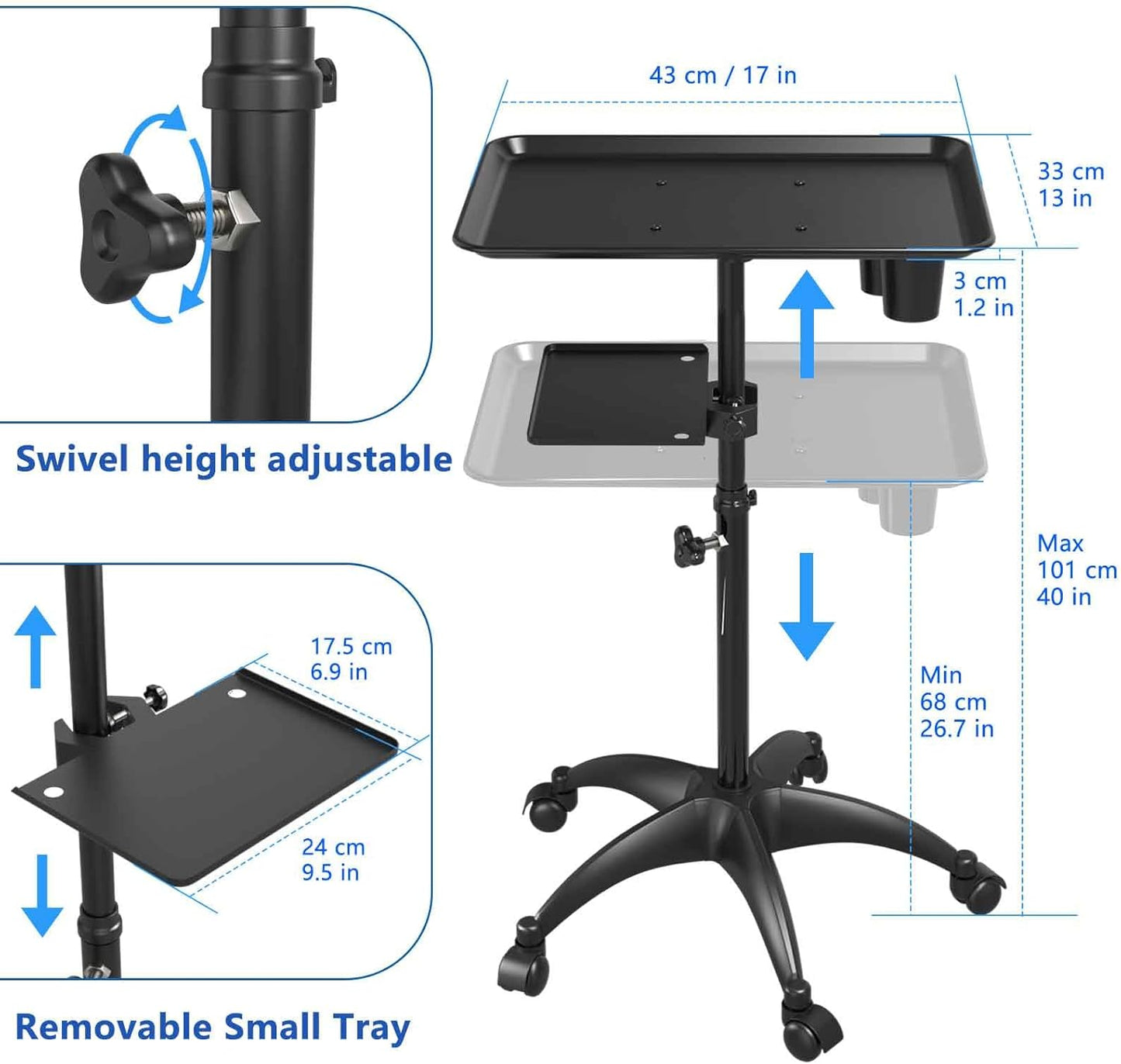 Skiennix Salon Tray Cart - Adjustable Height Aluminum Tattoo Tray with Wheels | Black Storage Trolley