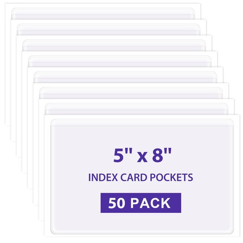TOTiyea 50 Pack Clear Adhesive Pockets for Index Card Sleeves and Planners, Top Loading,Plastic Label Holder for Note Cards (5x8 Inches)