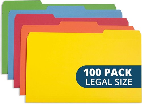 Blue Summit Supplies Legal Size Colored File Folders - 1/3 Cut Tabs for Easy Organization | 100 Per Box