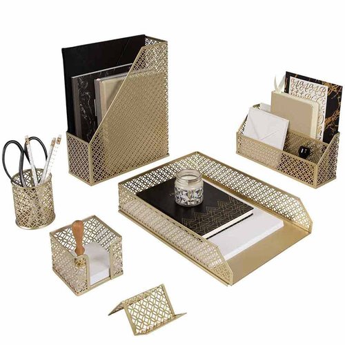 BLU MONACO Gold Desk Organizer Set – Mail Sorter, Sticky Note Holder, Pen Cup, Magazine Holder, Letter Tray & Business Card Holder – Pink Office Decor