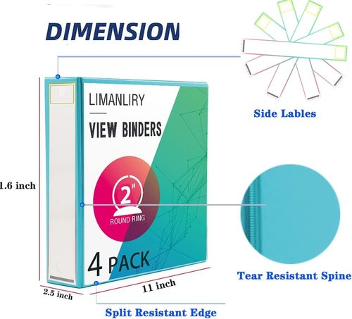 Round 2" Customizable 2-Inch Binders - 3 Ring View Binder with Pockets | Assorted Colors, 4 Pack
