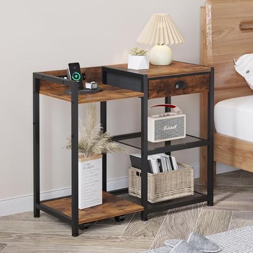 Printer Stand with Storage, Mobile Printer Table with Charging Station and USB Port for Home Office, Desktop Shredder Shelf with Wheels, Rolling Cart with Drawers, Computer Tower Stand