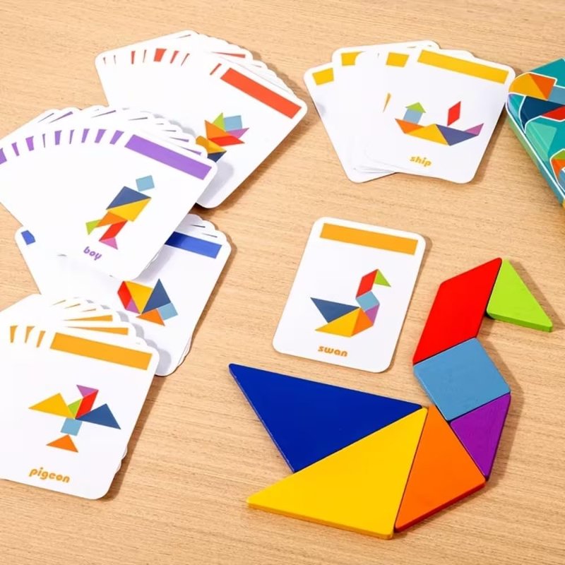 Tangram Puzzle Educational Geometry Game with Tin Storage Box and Pattern Cards for Classroom Learning, Travel, Festivals, Colorful