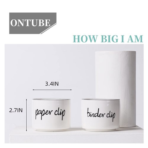 ONTUBE Ceramic Paper Clip Holder and Binder Clip Holder Set Dispenser Organizer for Desk (White)