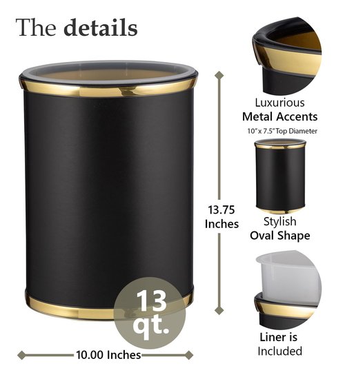 Kraftware Sophisticates Oval Wastebasket with Plastic Liner, Adding Classic Style to The Bathroom and All Other Rooms in The Home or Office, 13 Quart Capacity, Black with Gold Trim