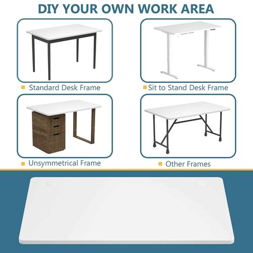Tangkula Universal Relevance Table Top, One-Piece Solid Table Top for Standard & Standing Desk Frame, 48 x 30 inch Countertop Rectangular Office Relevance Tabletop w/ 2 Cable Management Holes, White