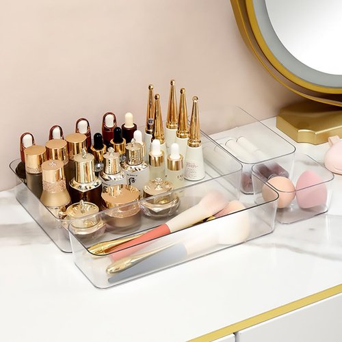 Kutesna 25 PCS Improved Large Drawer Organizer Set, Clear Plastic 4-Sizes Desk Organizer Trays, Drawer Dividers & Storage Bins for Office, Makeup Vanity, Kitchen, Bathroom, Jewelry, Gadgets