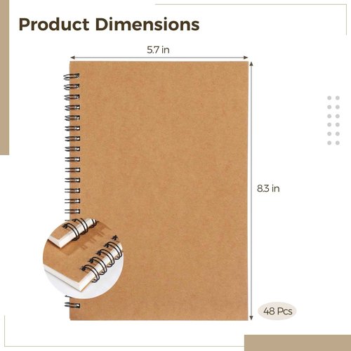 Lnrueg 48 Pcs A5 Spiral Notebooks - Brown Kraft Paper Cover Notebooks, Hardcover Lined Notebooks, Sturdy Travel Journals with Smooth 70GSM Paper for School, Office, Travel, 100 Pages