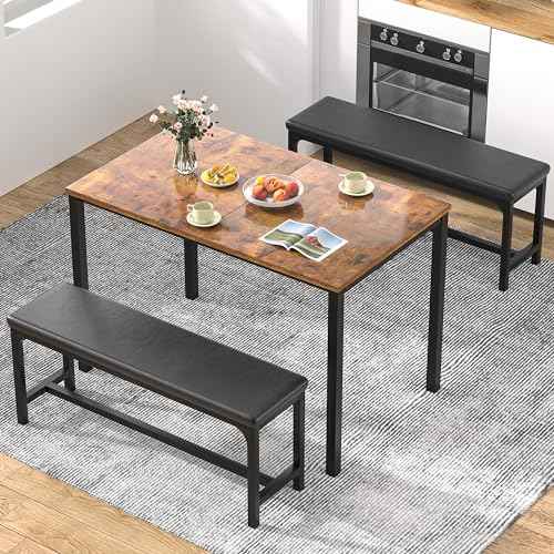 VECELO 3-Piece 63" Extendable Kitchen Table with Benches/Chairs, Modern Breakfast Dinette/Dining Room Set for 4/6/2, Small Space Saving Design, Easy Assembly