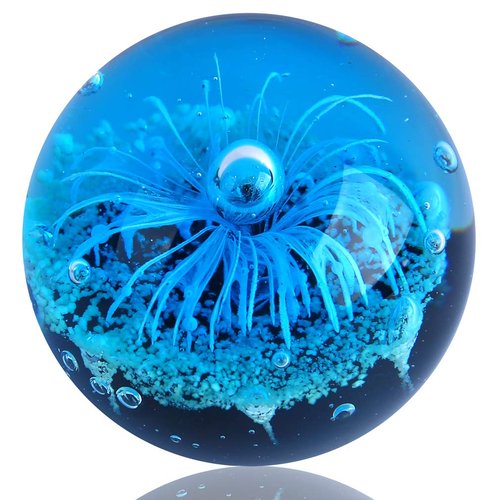 EUSTUMA Blue Hand Blown Glass Anemones Sculpture, 3.15x3.15x3.15 inches, 1.52 lbs, Paperweight, Fish Tank Ornament, Figurine Gift Box, Home Decoration