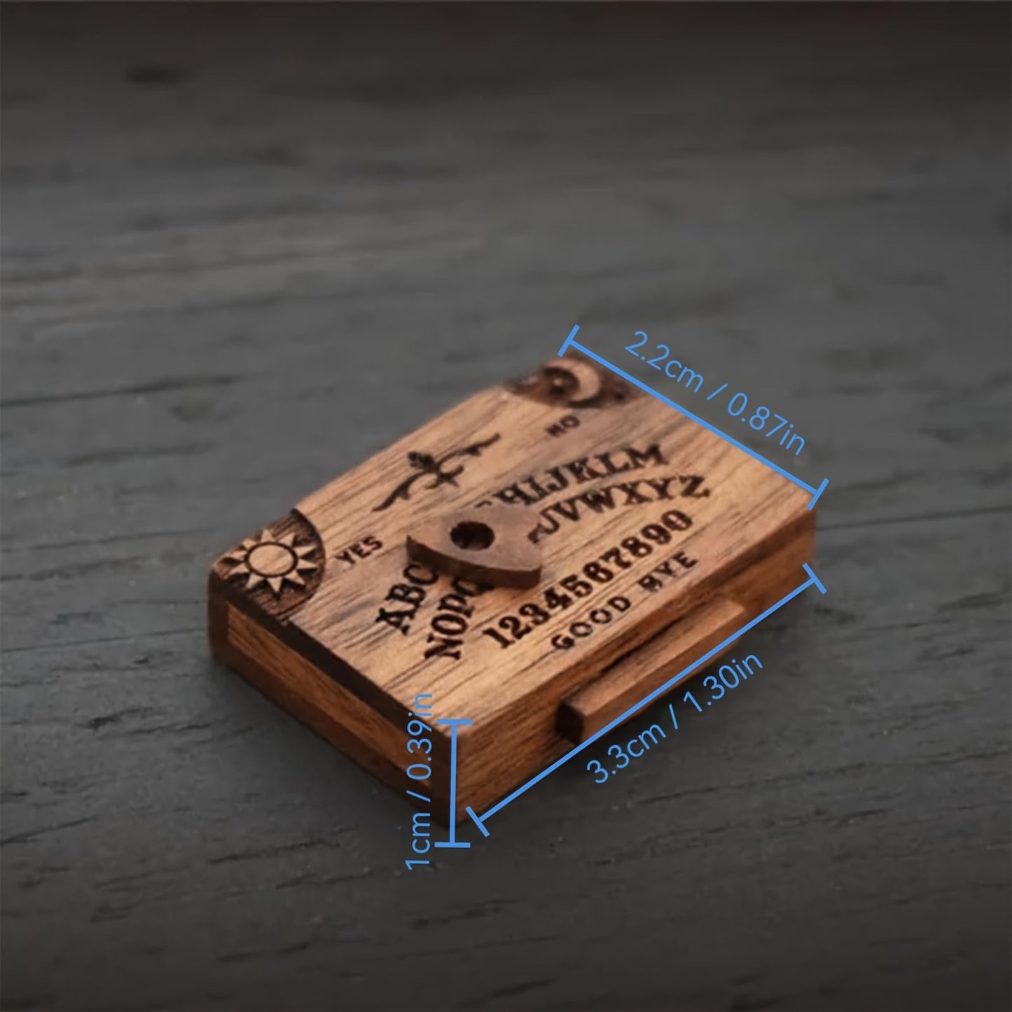 Veloshine Wooden Mini Spirit Board with Storage Drawer, Gothic Letters and Numbers, Sunburst Design, Decorative Ouija-Style Home Ornament