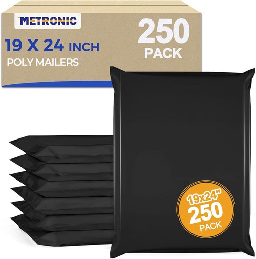 Metronic Poly Mailers - Heavy Duty 19x24 Shipping Bags | 250 Pcs Self-Seal Black Envelopes for E-Commerce