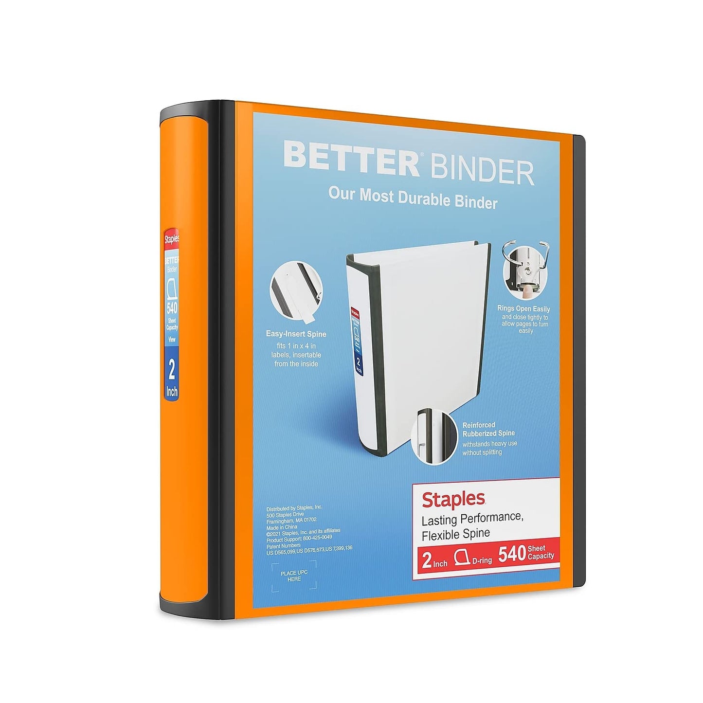 Staples Better Binder, 2" D‑Ring 3‑Ring Binder, Bright Orange, Reinforced Rubber Spine, Durable High‑Capacity Binder for School & Office