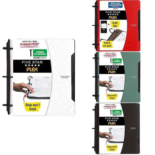 Five Star Bundle : Flex Hybrid NoteBinders 4 Pack, 1 Inch Binders, Notebook and Binder All-in-One, Black, White, Red, & Green (29328AE2)