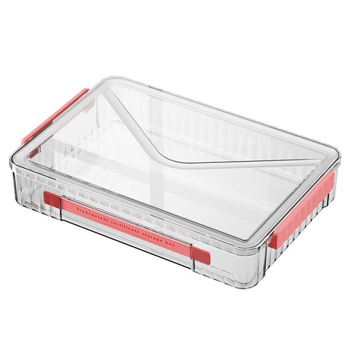 VANRA Clear File Storage Box with Latching Lids Stackable Project Case Organizer Plastic Stacking File System Office Magazine Storage Bin School Supplies Container Portable with Handle (1 Red, L)