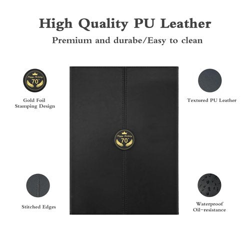 Kangmagitok Black Gold PU Leather Meaningful Happy 70th Birthday Party Decorations Card Guest Book Ideas Supplies for Women Men Dad to Sign Funny Cheers to 70 Years Old Table Decor Favors