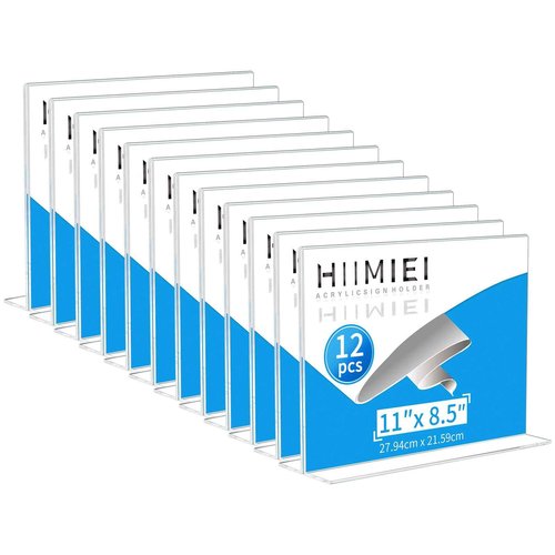 HIIMIEI 8.5x11 Acrylic Sign Holder Horizontal Table Menu Display Stand, Clear Plastic 8.5x11 Double Sided Picture Frames for Desk Display(12 Pack)