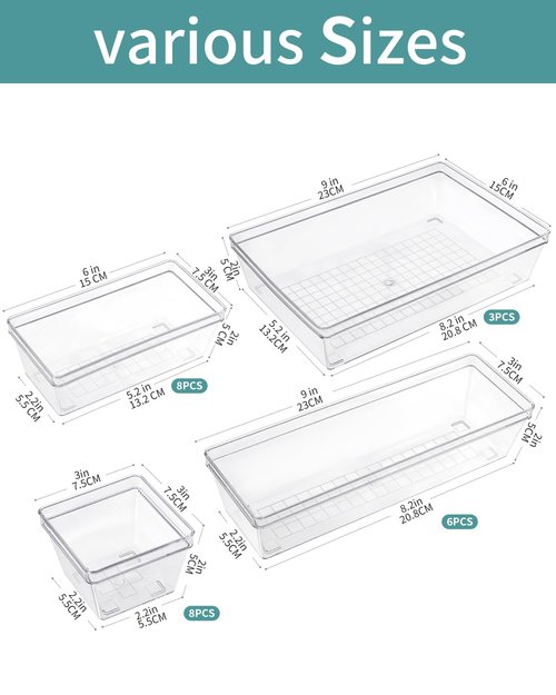 Clear Plastic Drawer Organizer Storage - 25Pcs 4 Size Desk Bathroom Kitchen Organizers and Accessories Office Organization, Vanity Stackable Drawers Bins Trays Containers Dividers Makeup Sets