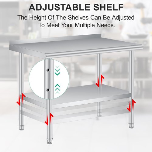 Stainless Steel Table for Prep & Work 48 x 24 Inch with Backsplash, Commercial Heavy Duty Table with Adjustable Under Shelf for Commercial Kitchen Restaurant Busines