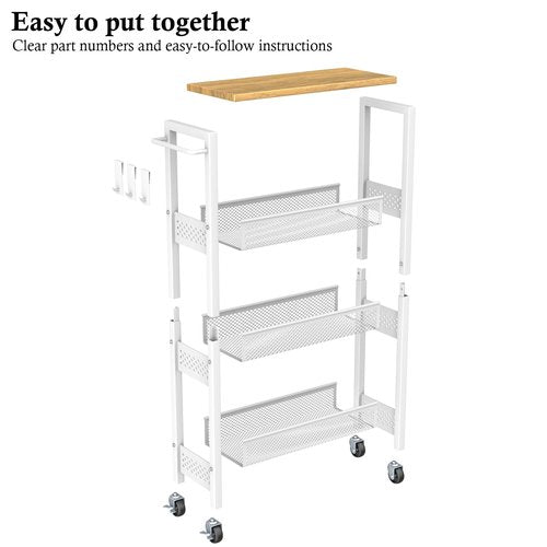 OKZEST Utility Slim Storage Cart, 4 Tier Small Rolling Kitchen Laundry Room Cart with Wood Top, Metal Narrow Bathroom Storage Cabinet Mobile Shelf Unit Organizer Trolley with Handle for Narrow Space