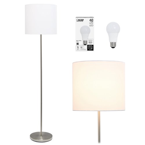Simple Designs LF2004-WHT-LB 57" Traditional Brushed Nickel Stick Floor Lamp with White Shade for Living Room, Hallway, Entryway, Bedroom, Office, with Feit LED Bulb Included