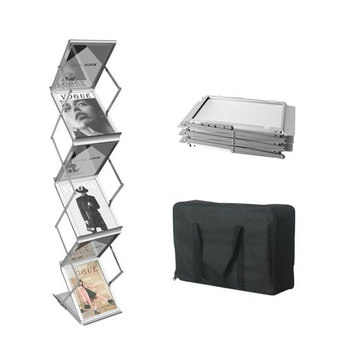AIKUPNEY Foldable Magazine Rack, 6-Pocket Aluminum Brochure Stand, Compatible with A4 & Letter Literature Rack with Carrying Bag for Office, Trade Shows, Exhibitions