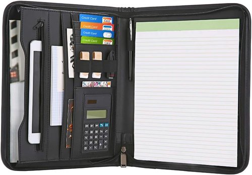 Regine Switzerland Zippered Padfolio - Black PU Leather Organizer with Calculator & 10.1 Inch Sleeve