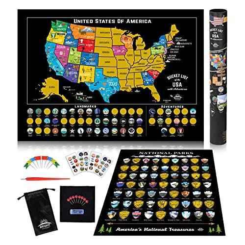 Scratch Off Map of USA + 63 National Parks Bundle (24x17 US Map & 12x16 NP Poster, Black/Gold) - Giftable Travel Tracker Kit with Scratch Pen and Cloth
