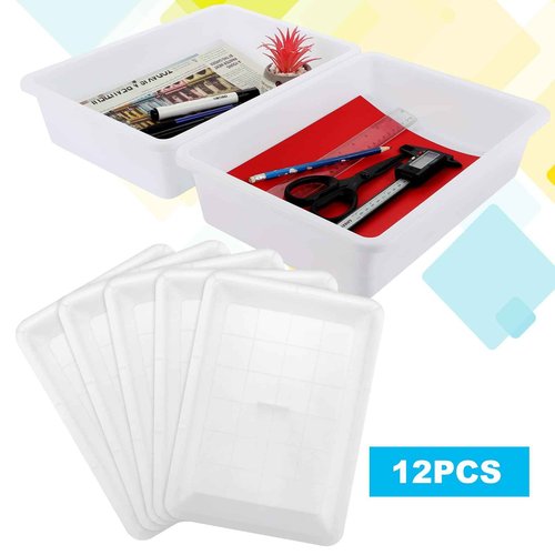 RHBLME 12 Pack White Plastic Trays for Kids Arts and Crafts, Flat Storage Tray Organizer Bin Letter Size Paper Trays for Classroom, Stackable Paper Tray for School Office Organization