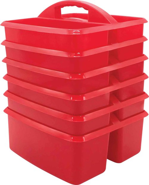Teacher Created Resources Red Portable Plastic Storage Caddy 6-Pack for Classrooms, Kids Room, and Office Organization, 3 Compartment
