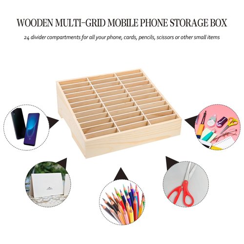 36-Grid Cell Phone Storage Box,Wooden Desktop Cell Phone Holder Multifunctional MobilePhone Storage Box for Classroom, Office, Meeting Room, Rack Display
