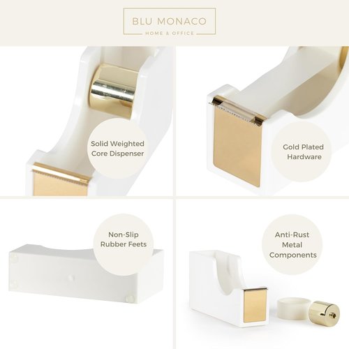 Blu Monaco Acrylic Cute White and Gold Tape Dispenser – Sleek Desktop Tape Cutter for Office & Home – Smooth Cutting Blade & Non-Slip Base – Fits Standard & Large Rolls – Desk Accessory