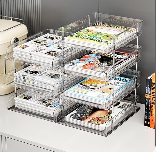 Clear Acrylic Desk Organizer, Multi-Tier Letter Tray with Pen Holder, Office Storage for Documents and Supplies