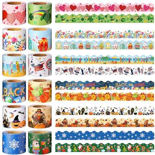 Geyee 12 Rolls 394 ft Holiday Bulletin Board Borders Seasonal Bulletin Board Decorations Fall Pumpkin Thanksgiving Christmas Winter Trim for School Classroom Wall Decor