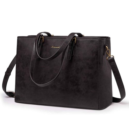 LOVEVOOK Laptop Tote Bag, 15.6 inch Vegan Leather Work Bags for Teacher Commuter Business, Large Waterproof Computer Purse Office Bag, Black Coffee