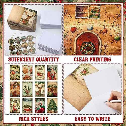 Cholemy 240 Sets Christmas Cards with Envelopes and Stickers Vintage Happy Holiday Cards Bulk Cute Season Greetings Cards 12 Designs, 6 x 4 Inch Merry Christmas Notes for Winter Xmas Season Gift