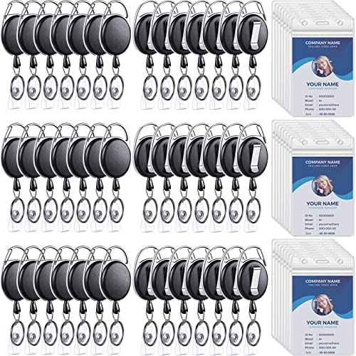 Laumoi Heavy Duty Retractable Badge Holder Reel with Belt Clip Keyring and Waterproof Vertical ID Card Holders for ID Name Card Keychain Badge(Black,60 Pack)