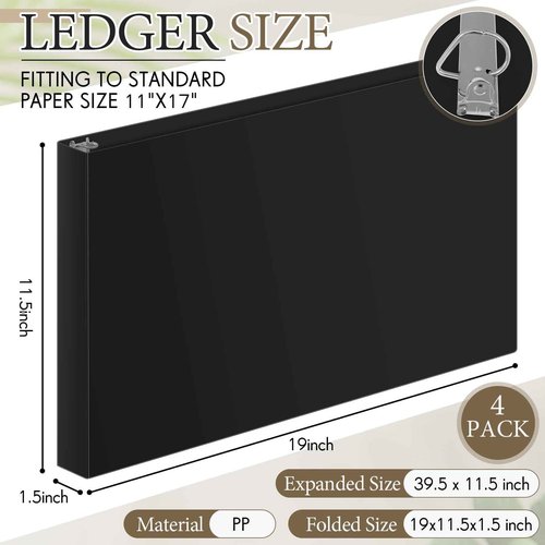 Humyoun 4 Pcs 11 x 17 Inch 3 Ring Binders 1 Inch Rings Heavy Duty View Plastic Flexible D Ring Binders Economy Holds 11" x 17" Paper for Artwork Blueprints, Office, Home, Work Places(Black)