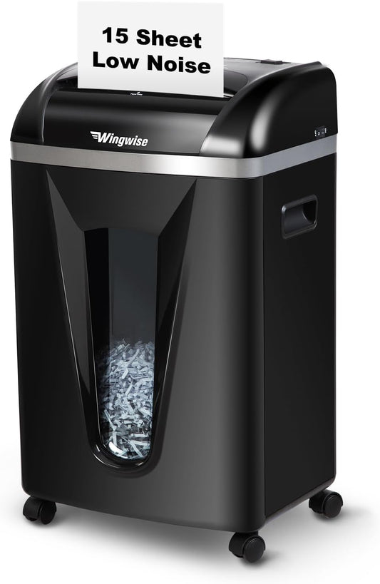 Wingwise 15-Sheet Paper Shredder - Quiet 58dB Operation, P4 Cross-Cut Security | 5.8-Gallon Bin, Shreds Credit Cards & CDs