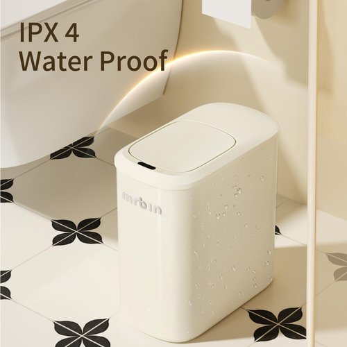 MRBIN Motion Sensor Bathroom Metal Trash Can with Lid and Wheels, 10L/2.6gal Automatic Removable Slim Electric Narrow Waste Basket for Near Desk Office, Bedroom, Kitchen, Rv, White