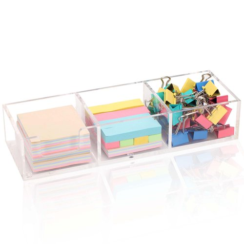 Dealpoli Acrylic 3in1 Sticky Note Holder Desk Organizer, 11.8" x 3.9" x 2.3" Self-Stick Memo Pad Dispenser for School Office Home Post Bank with 3 Compartments (DP003)