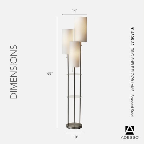 Adesso Trio Floor Lamp with Three Pull Chain Lights and Two-Tier Storage, Brushed Steel Base, White Linen Shades, 68” Tall, Enhances Room Decor and Lighting