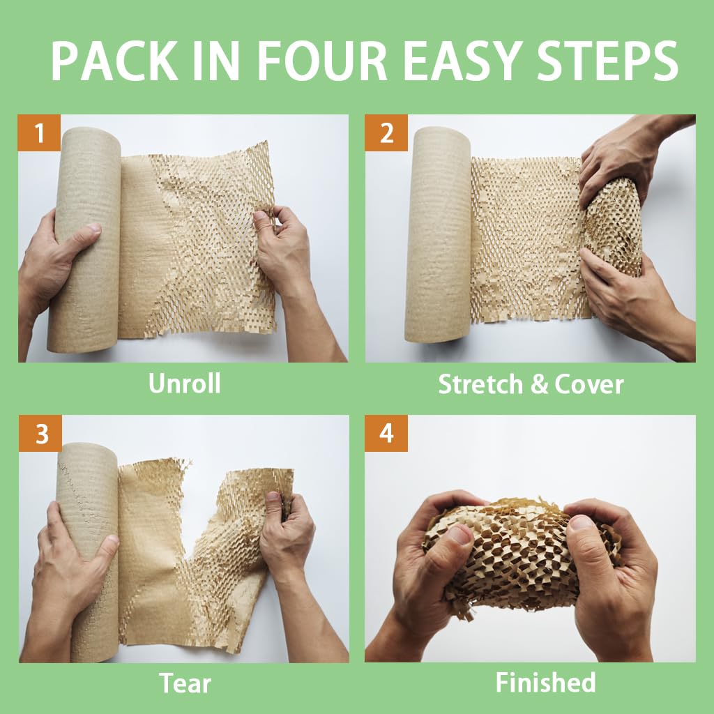 Honeycomb Packing Paper 12" W x 60' L Packing Paper for Moving Products & Gifts Honeycomb Wrapping Paper Recyclable and Biodegradable Cushioning Packing Material with 20 Fragile Stickers