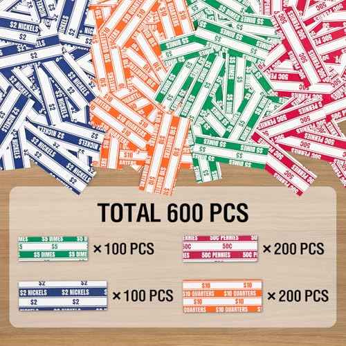THEBLUETOUCH White Kraft Flat Coin Wrappers - 600 Assorted (200Pennies, 200Quarters, 100Nickels, 100Dimes) - Coin Roll Wrappers for All Coins