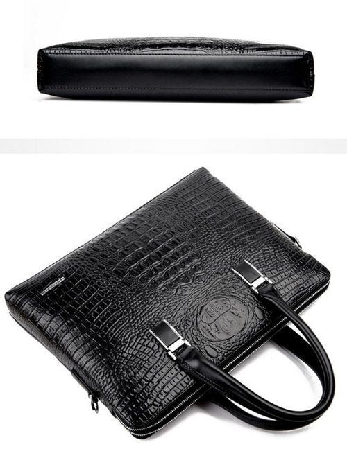 Luxury Crocodile Pattern Leather Briefcase, Business Laptop Bag with Shoulder Strap, Black, Black, Medium