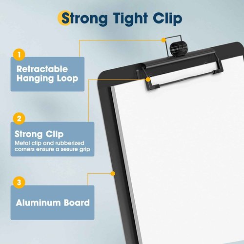 Juvealoe Aluminum Metal Clipboard with Pen Holoder, 8.5 x 11 Black Contractor Clip Board, Letter Size 9 x 12.5 in, Suit for School, Office, Business, Medical, Factory (Pack of 12)